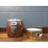 Two oak biscuit barrels with silver plated mounts