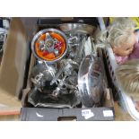 Box containing silver plate to include candlesticks, bacon dish, fruit bowls, china and stainless