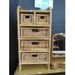 Bent cane and wicker storage unit with five drawers