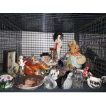 Cage containing ornamental figures plus glassware, seashell and general china