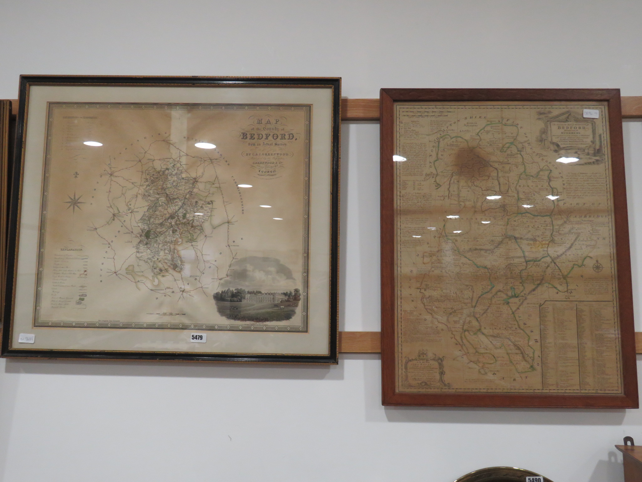 2 framed and glazed maps of Bedfordshire