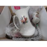 Box containing a wash stand jug plus candlestick, lidded pot, vase and a mirror