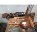 Quantity of treen to include boxes and ornamental boot, knife rest, and pots