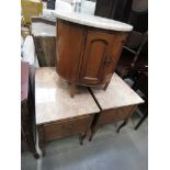 Pair of marble topped single drawer side tables plus a circular storage cabinet