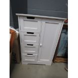 White painted single door bathroom cupboard with drawers to the side