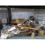 Cage containing woodwind instrument mouthpieces, brass bolts, shaving kit, copper washing dolly,
