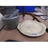 Stone pestle and mortar plus a Clarice Cliff plate