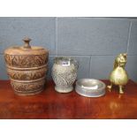 Collection of metal wares and wooden lidded pot