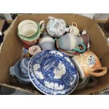 Box containing a Toby jug blue and white crockery Jasper wear and general china