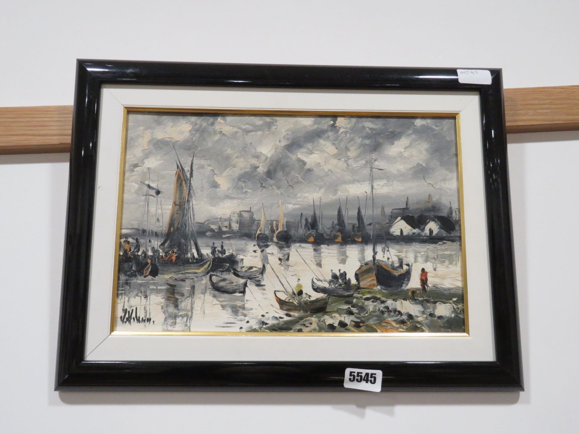5490 - Modern oil on canvas of a harbour with fishing boats