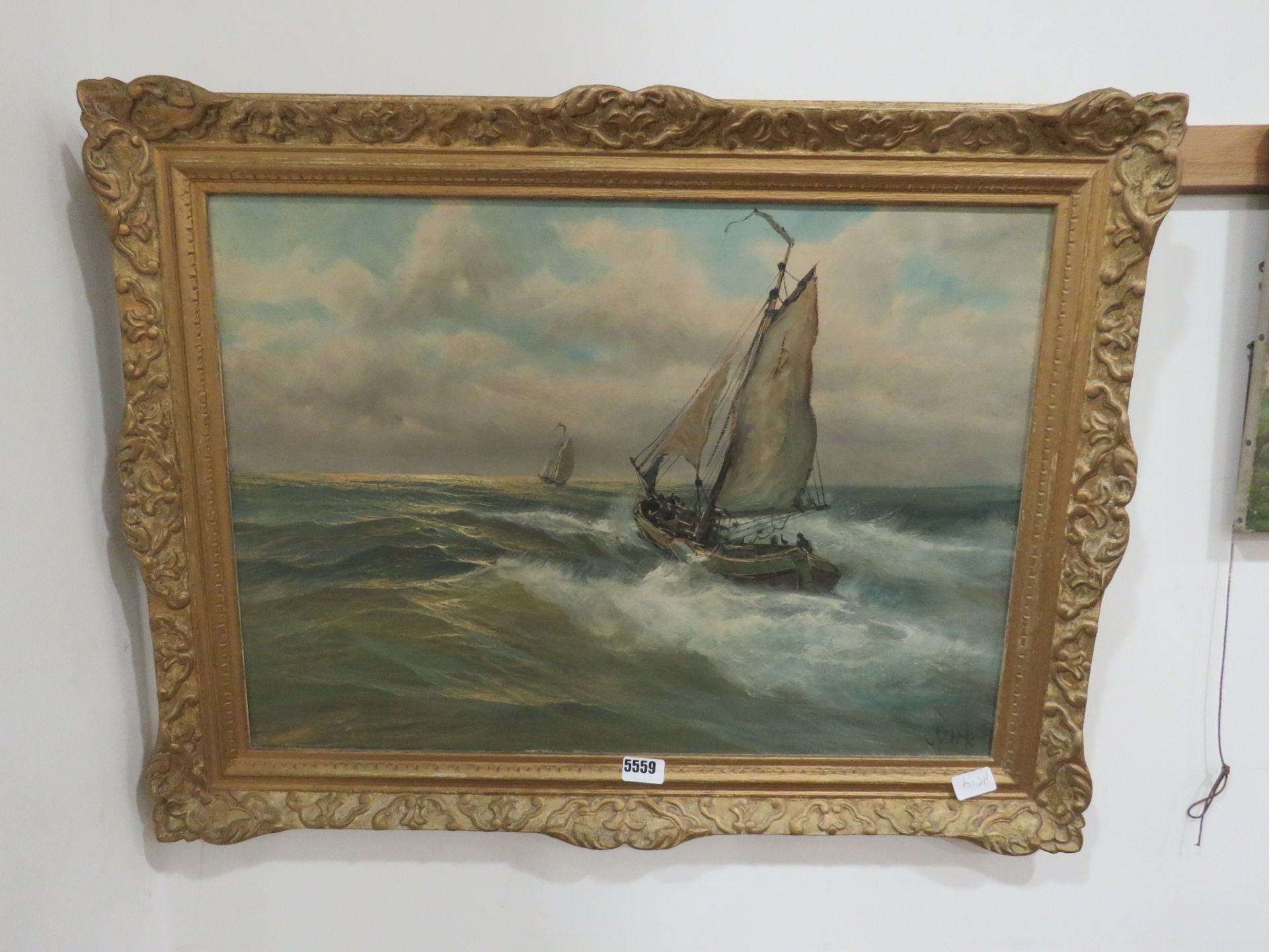 Oil on canvas of fishing boat at sea by V.Berk
