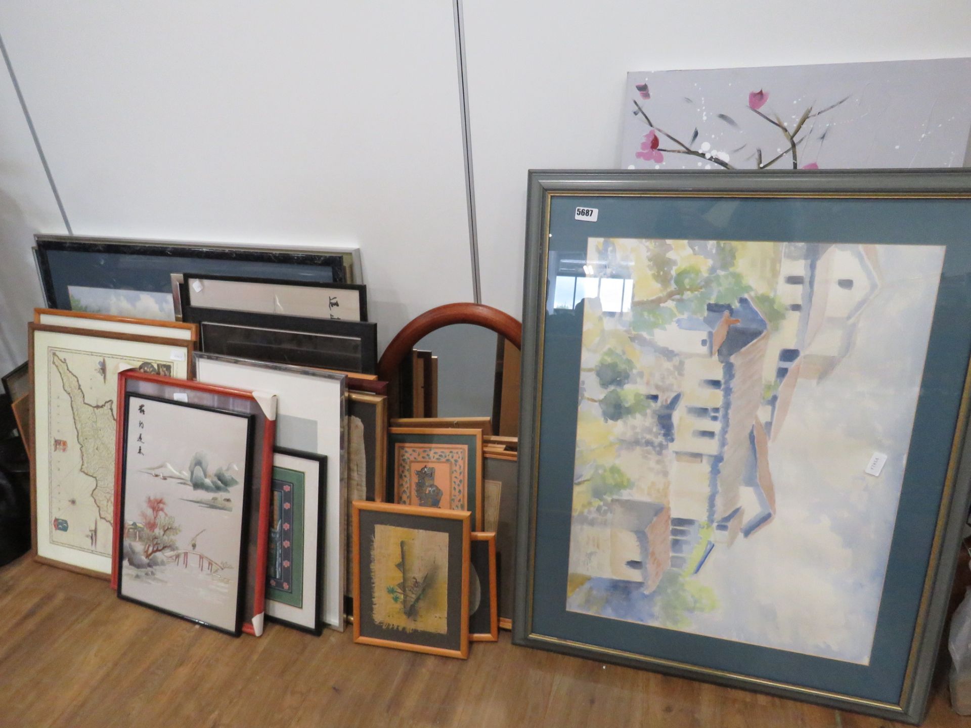 Large quantity of prints and mirrors plus maps to include Mediterranean cottages, still life with