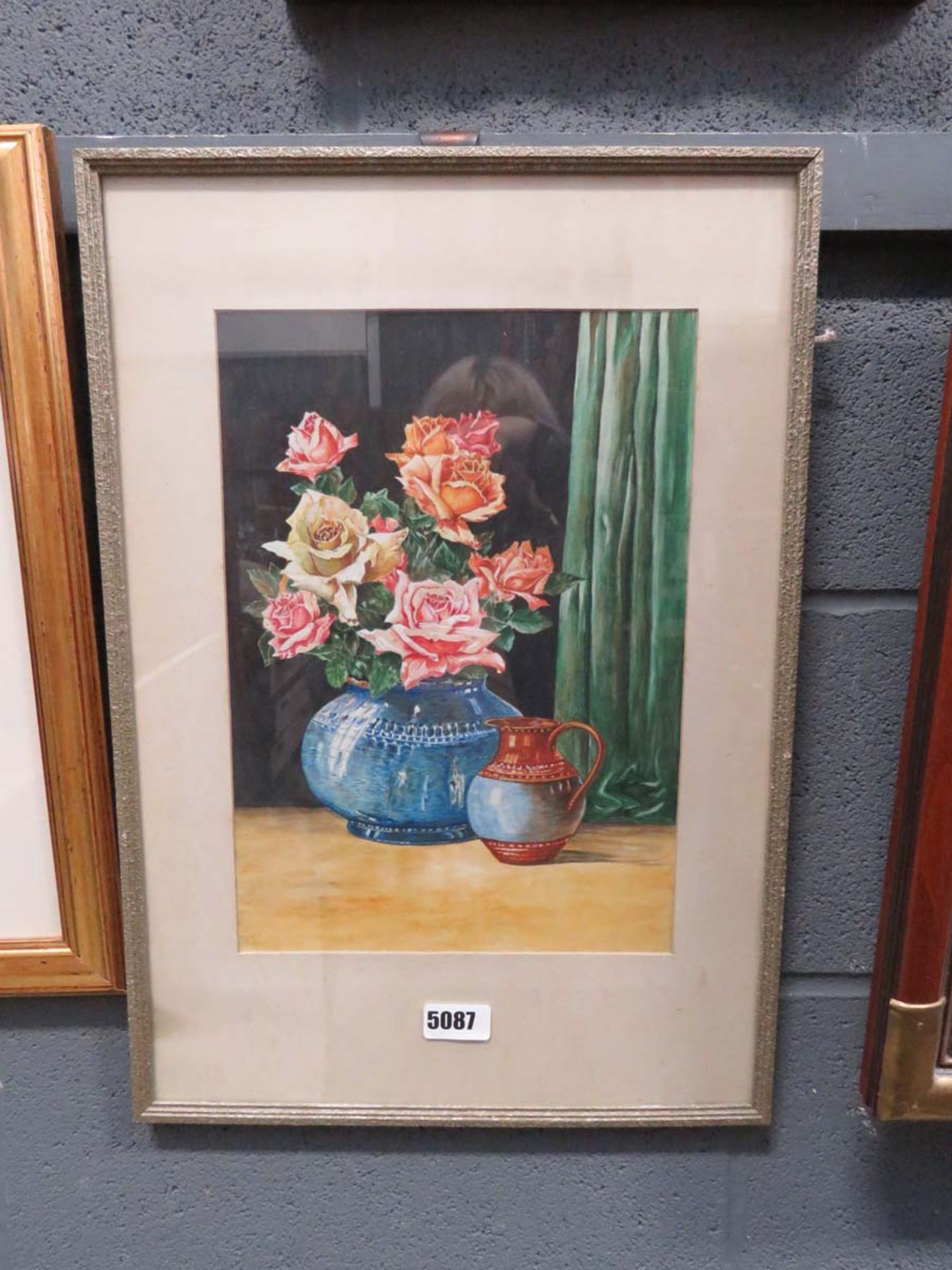 Framed and glazed picture of a still life with roses and jug