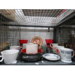 5673 - Cage containing coffee mugs, porridge bowls and kitchenware