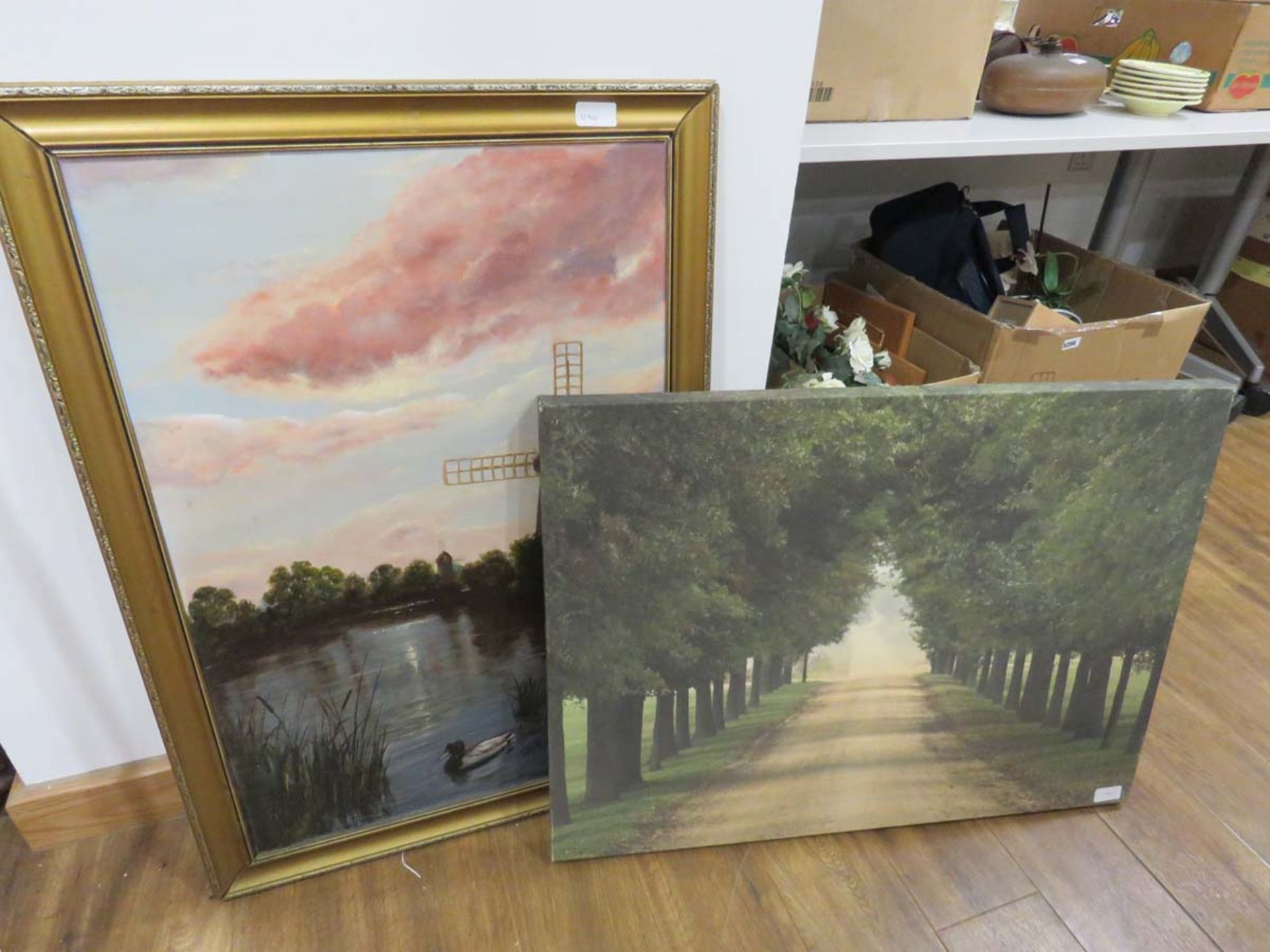 Modern oil on canvas windmill and lake and photographic print avenue with trees