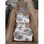 2 boxes containing glass cruet set, glass dishes and floral patterned tureens