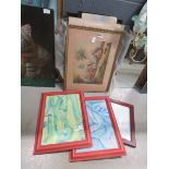 Quantity of prints and paintings to include Asian cottages, beach scenes, yachts at sea and