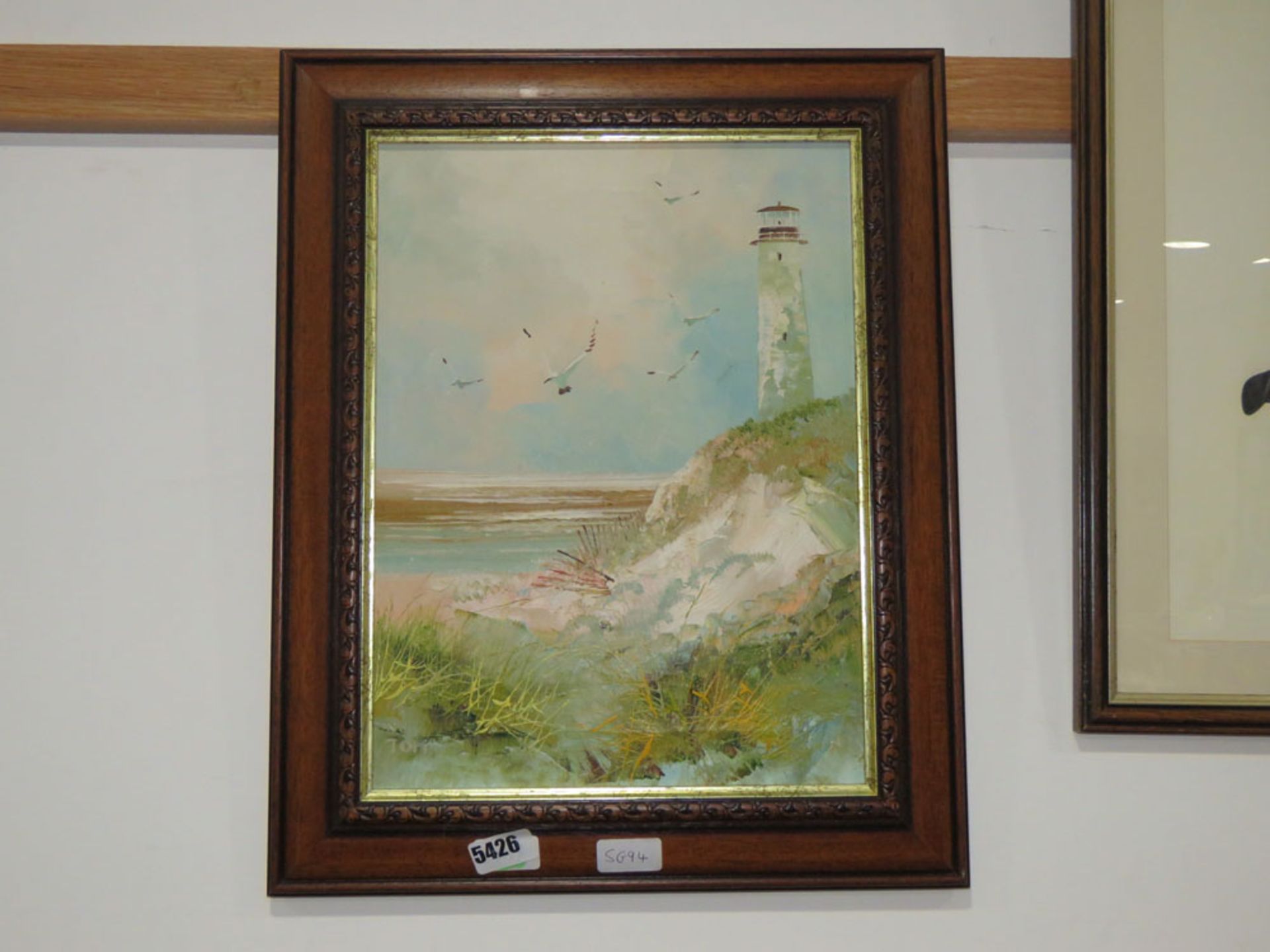 5407 Modern oil on canvas light house and seagulls