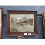 Framed and glazed stitched picture of cottage with figures in lane