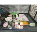 Cage containing a Carltonware dish, salt and pepper sets, ornamental figures and general china