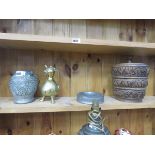 5019 Middle eastern pot, a brass jug, a elephant decorated wooden lidded pot, and a pewtar dish