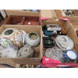 2 boxes containing an Oriental pot, lidded pot, coloured glass, Chinese teacups and silver plate