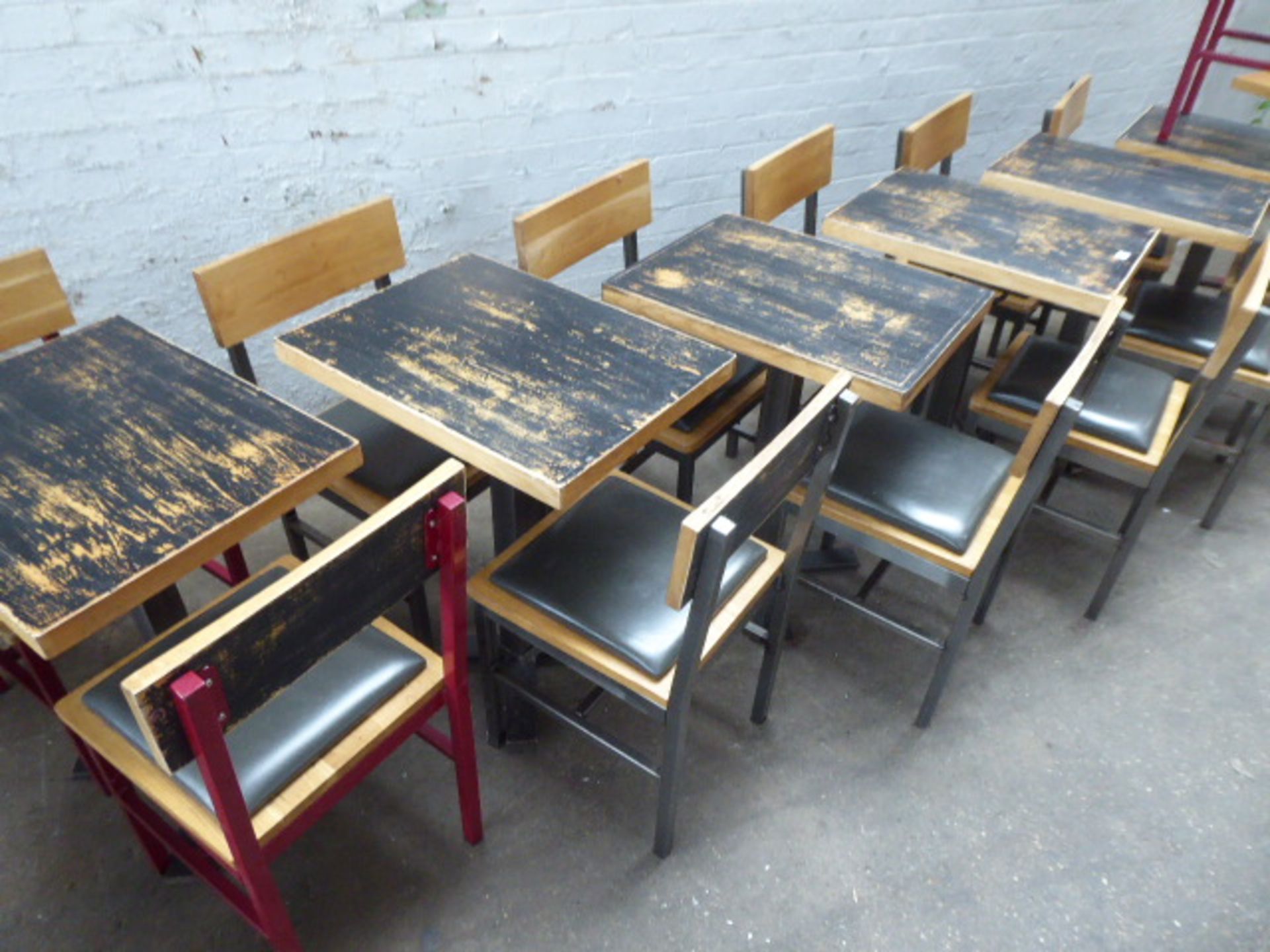 Set of industrial style table and chairs with 7 60x45cm tables, 13 metal frame oak and padded chairs