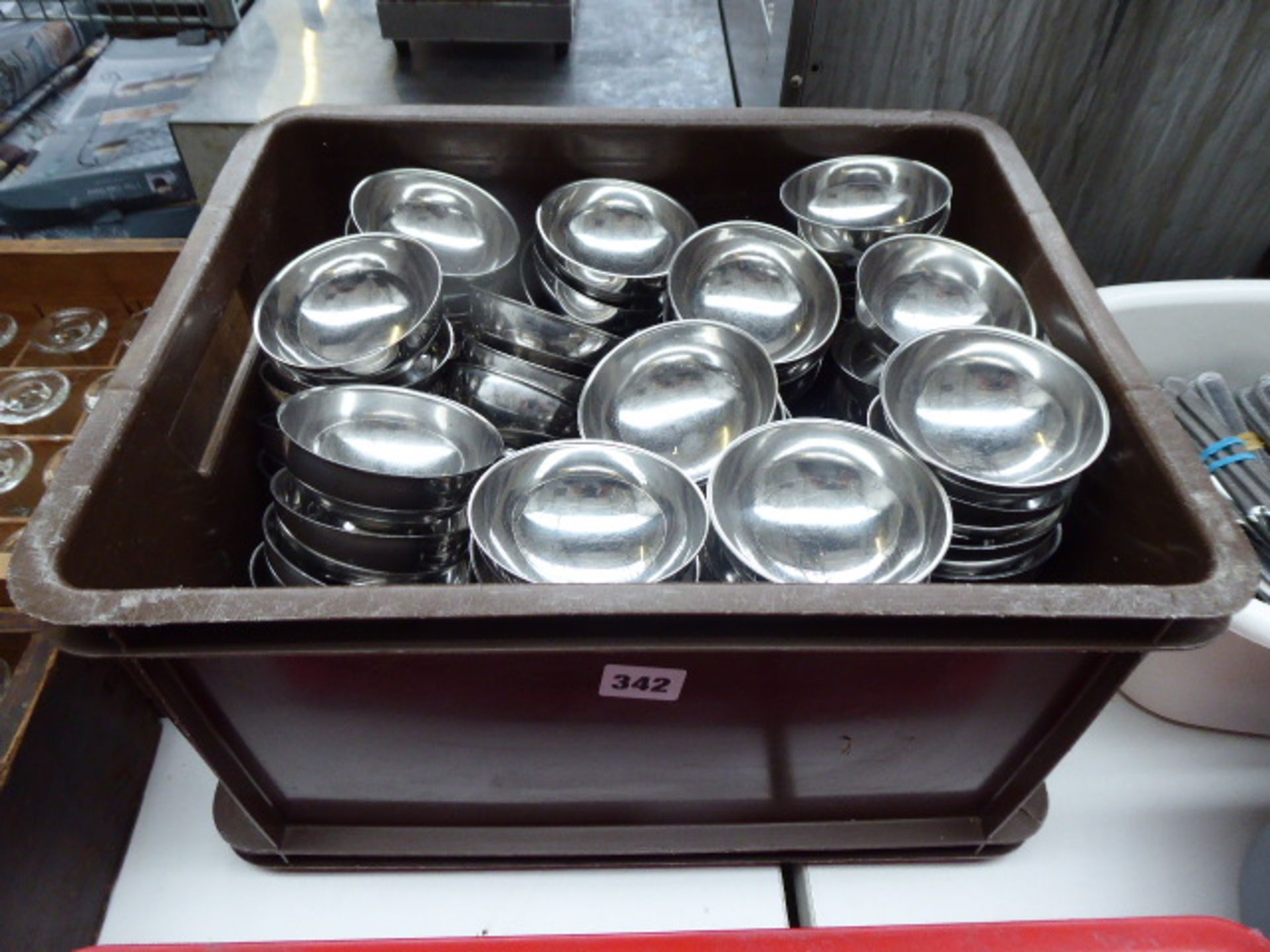 Box containing a large qty of stainless steel ice cream scoop bowls