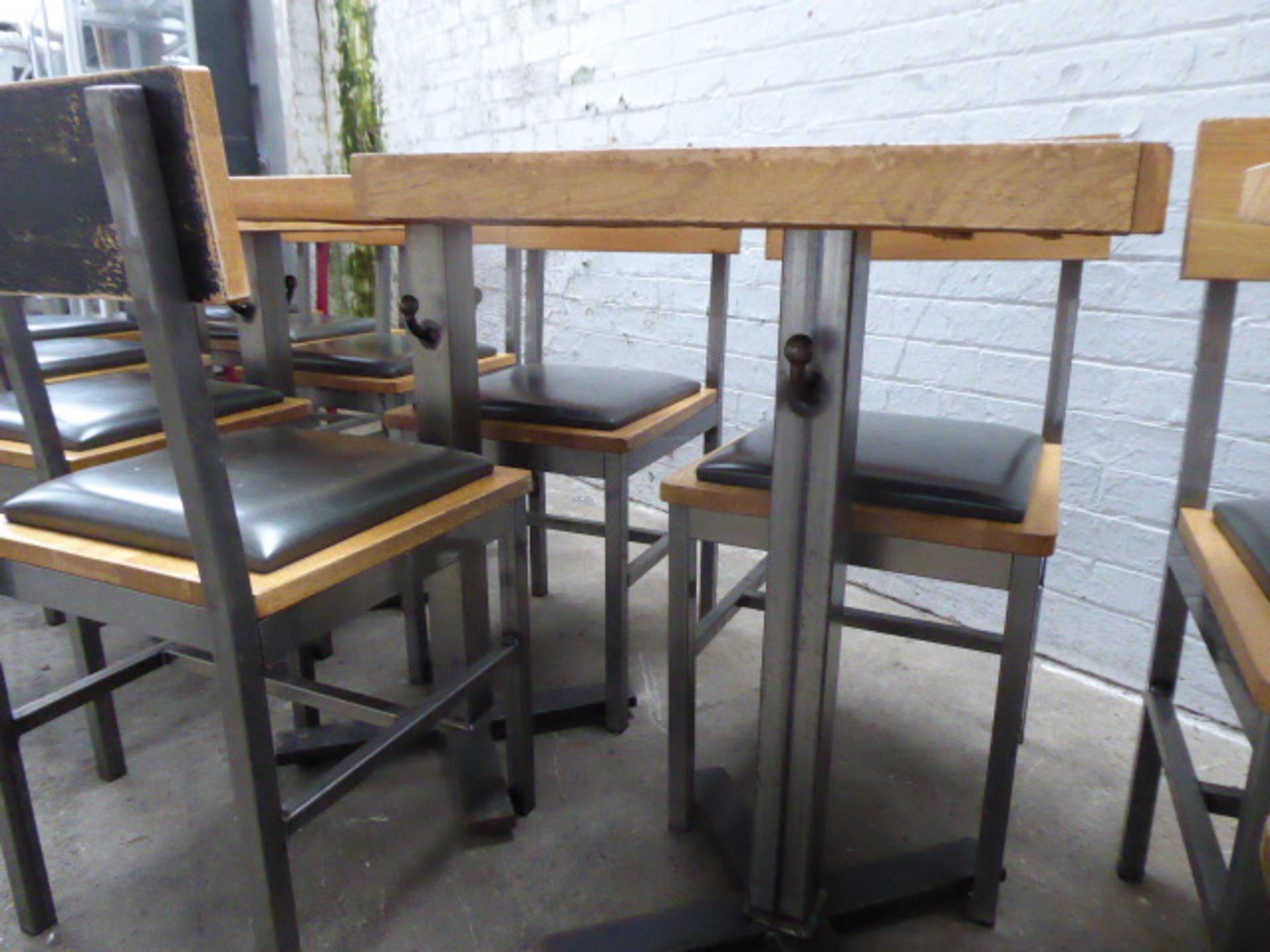 Set of industrial style table and chairs with 7 60x45cm tables, 13 metal frame oak and padded chairs - Image 4 of 4