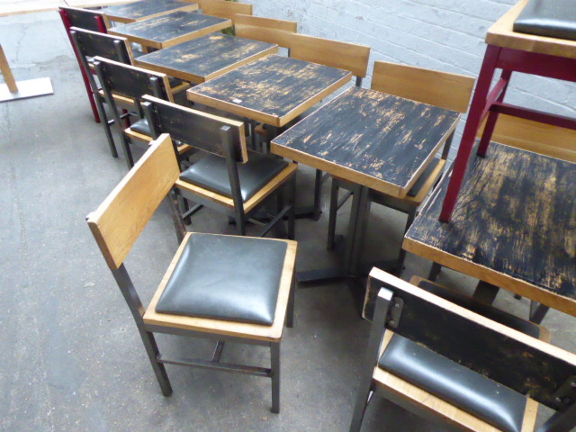 Set of industrial style table and chairs with 7 60x45cm tables, 13 metal frame oak and padded chairs - Image 2 of 4