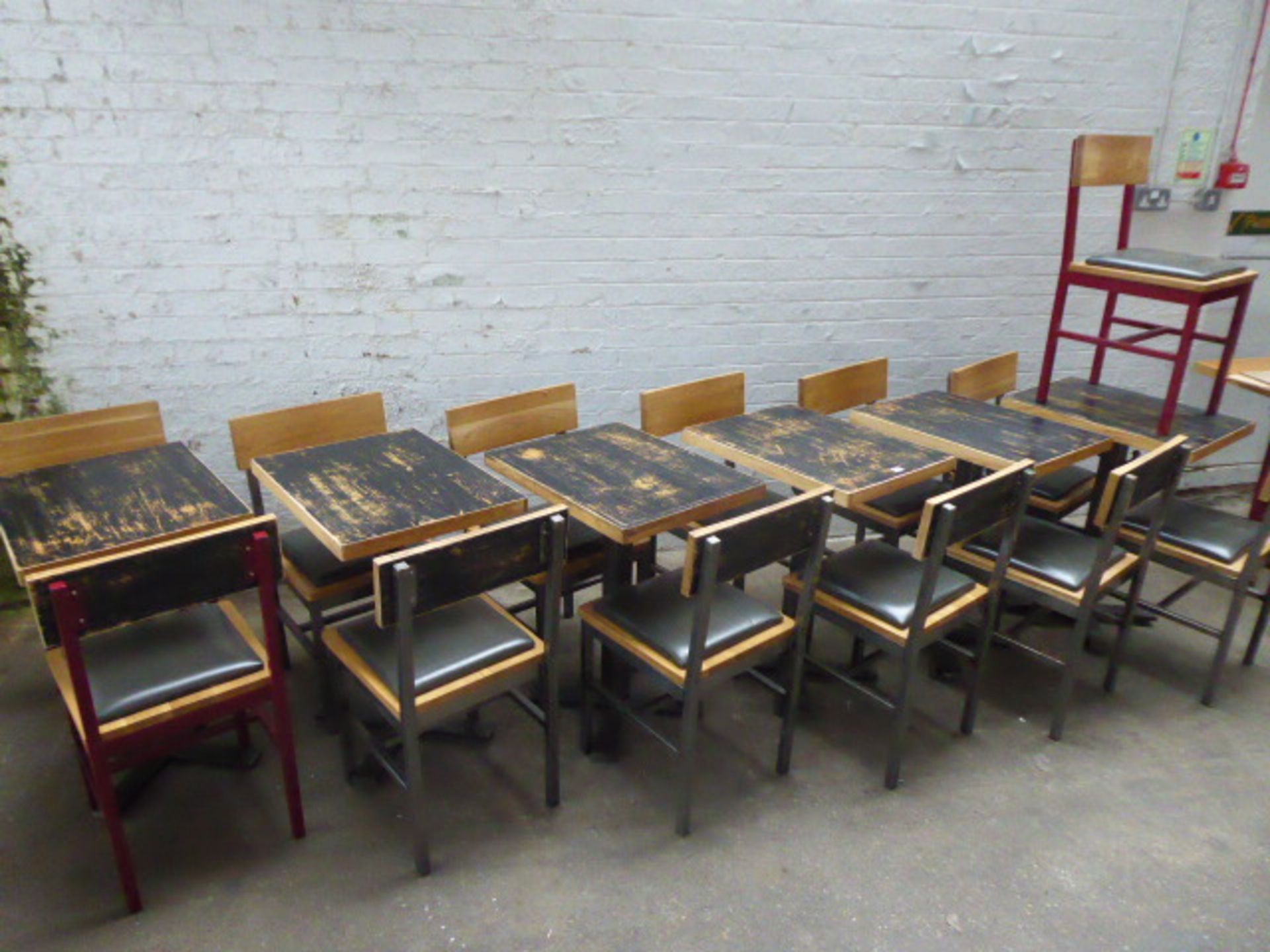 Set of industrial style table and chairs with 7 60x45cm tables, 13 metal frame oak and padded chairs - Image 3 of 4