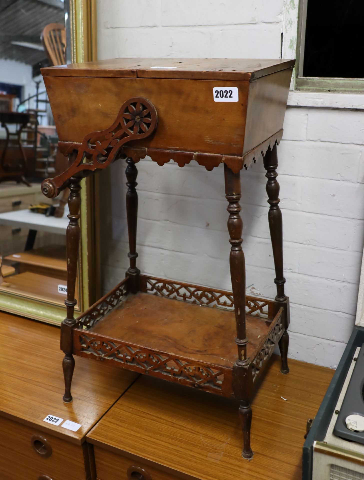 Wooden work box on fret work stand