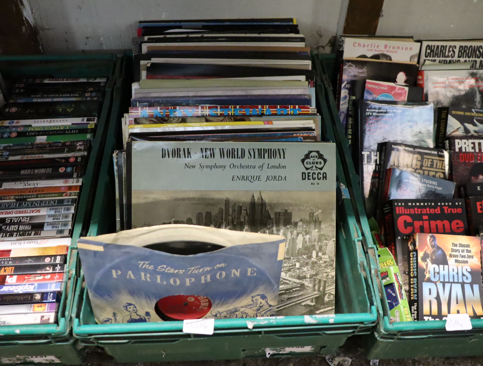 Crate containing records incl. Beethoven, Christmas classics, The Lorries, Andy Stuart, etc.