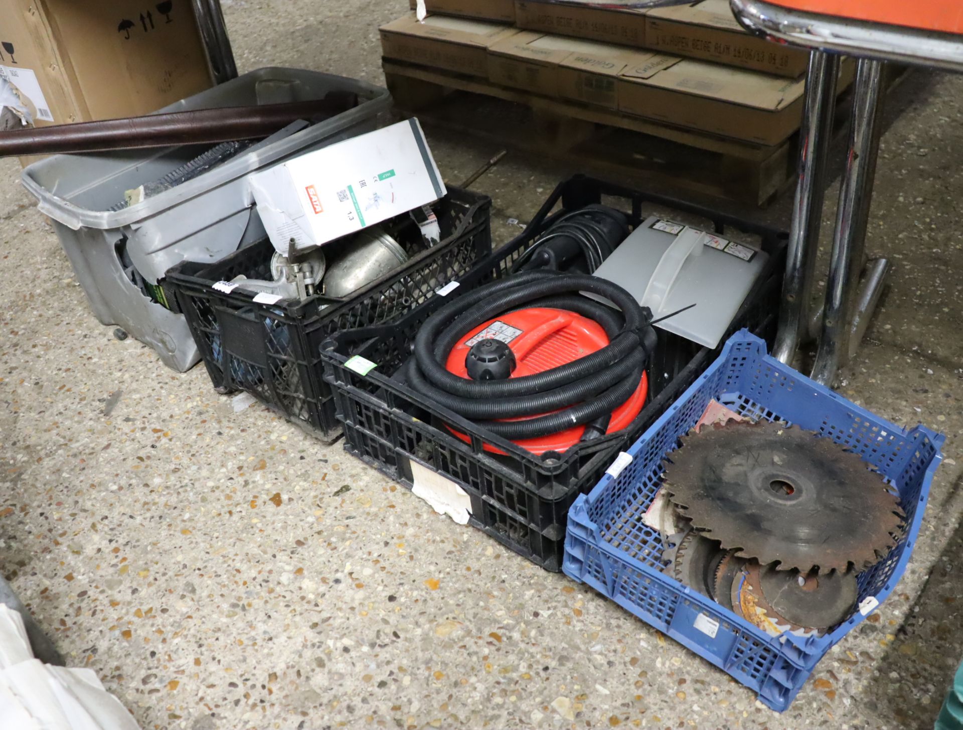 (44) 4 crates of mixed items incl. quantity of manual tile saws, crate of spray guns, wallpaper