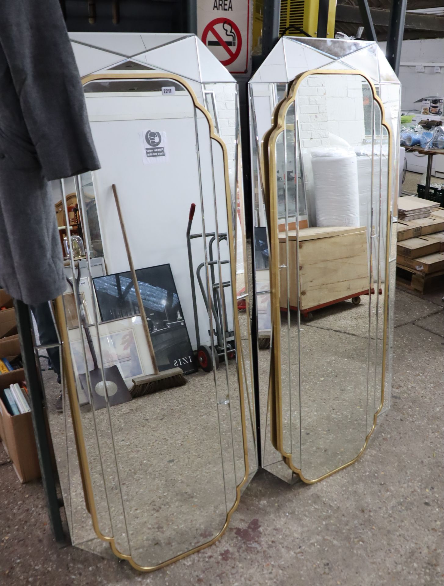 2 pairs of long mirrors, 1 having gilt frame, other frameless (minor damage)