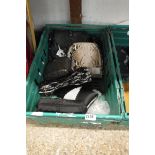Crate containing ladies black Radley handbag and quantity of ladies evening bags