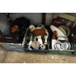 3 crates of misc. items incl. ceramics, camcorder, wooden duck, etc.