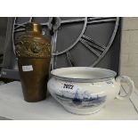 Blue and white Booths chamber pot and brass vase with floral decoration
