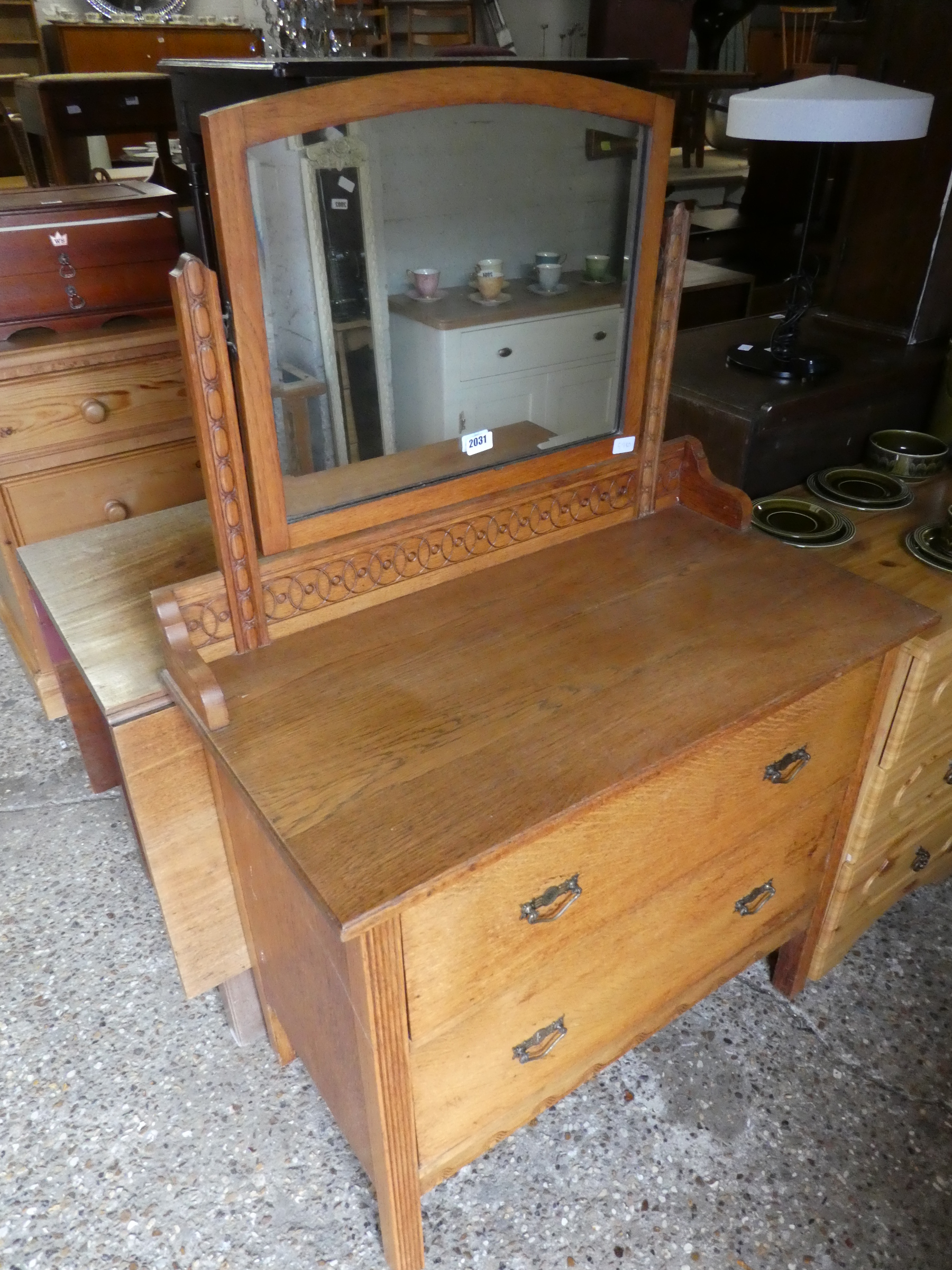 Oak 2-drawer chest with swing mirror over