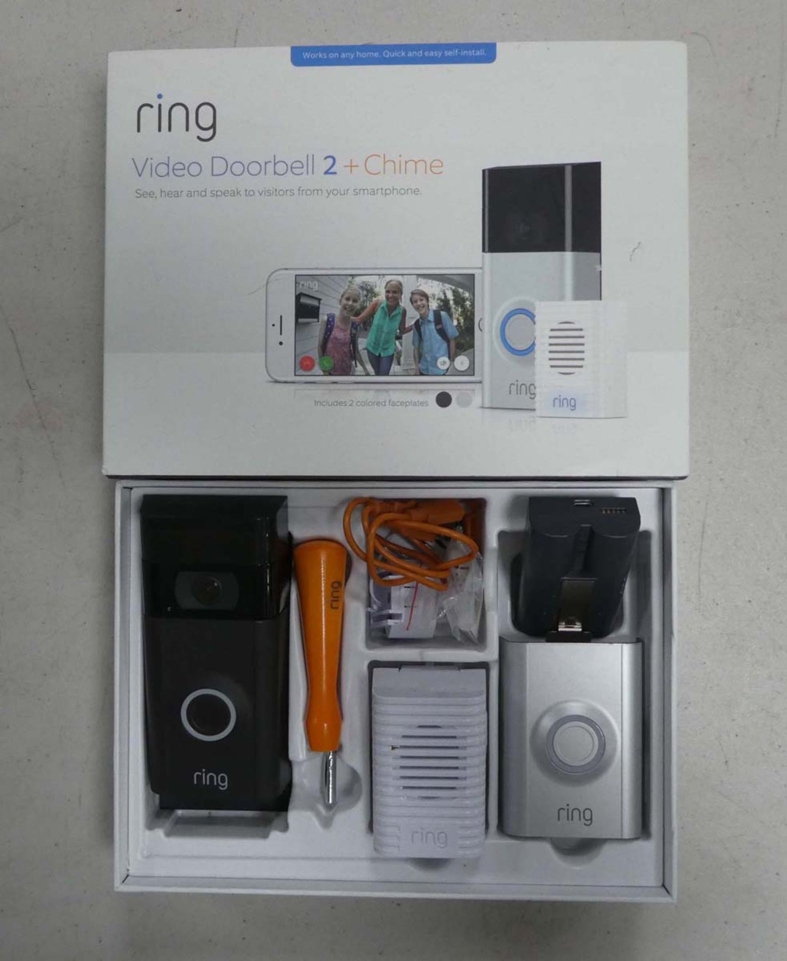 Ring video doorbell 2 with battery and chime, box and tooling