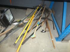 Half underbay of garden tools including rake, forks, spade etc