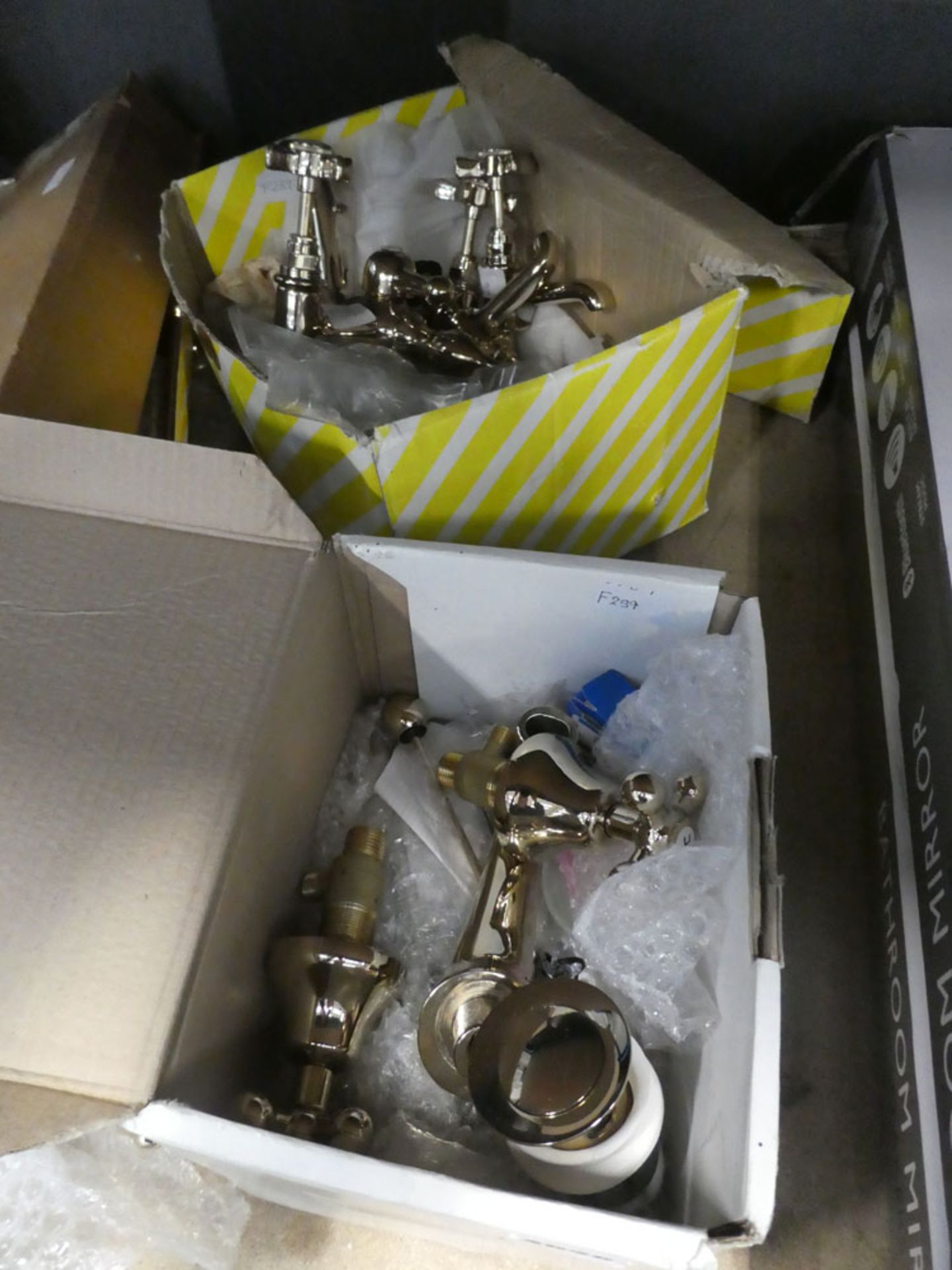 3 boxes cont. gold coloured taps, bath taps and rails