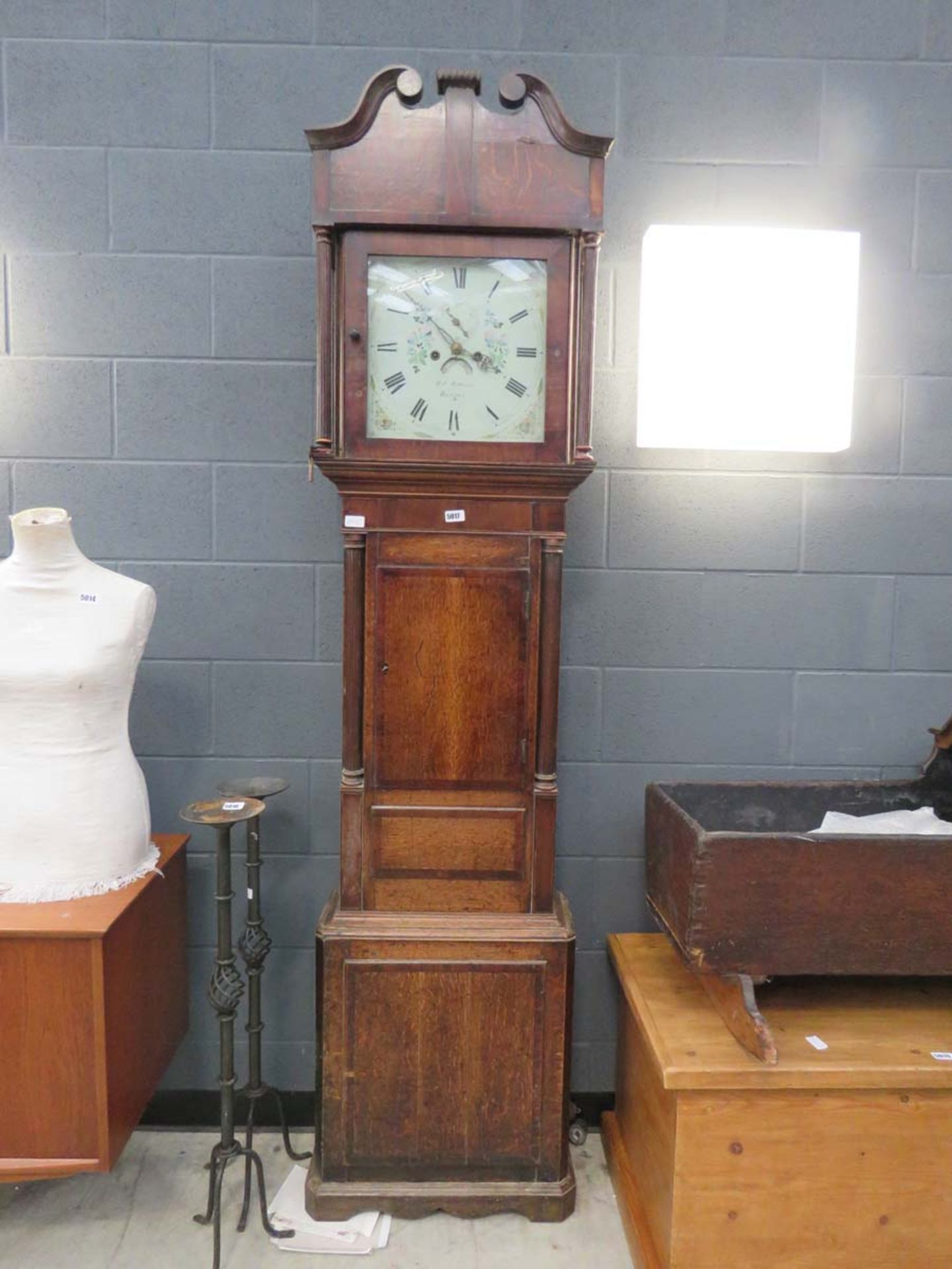 Oak long case clock with painted dial