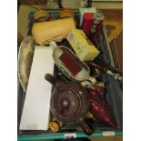 Box containing a Martingale and horse brasses, oak candlesticks, teapot, pottery vases and glassware