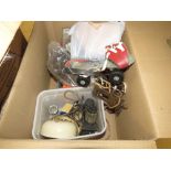 2 Boxes containing clock raisers, vintage rollerskates, vintage tins, set of scales, table