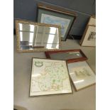 Quantity of pictures incl. watercolour of church, mirrors, town scape plus quantity of maps