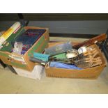 3 boxes containing badminton rackets, Trivial Pursuit game, vintage cricket bat, board games and