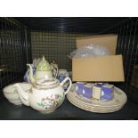 Cage containing Wedgwood napkin rings, Dutchess Indian tree patterned teapot, various jugs and