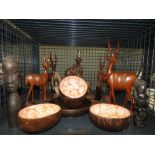 Cage containing carved African antelope and figures plus coconut bowls and a carved wooden dish