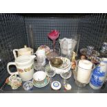 Cage containing glassware, ornamental posie, sherry glasses, jugs and general china